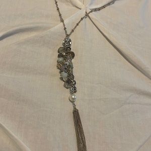 Long Statement Necklace with Rhinestones and Long Chains